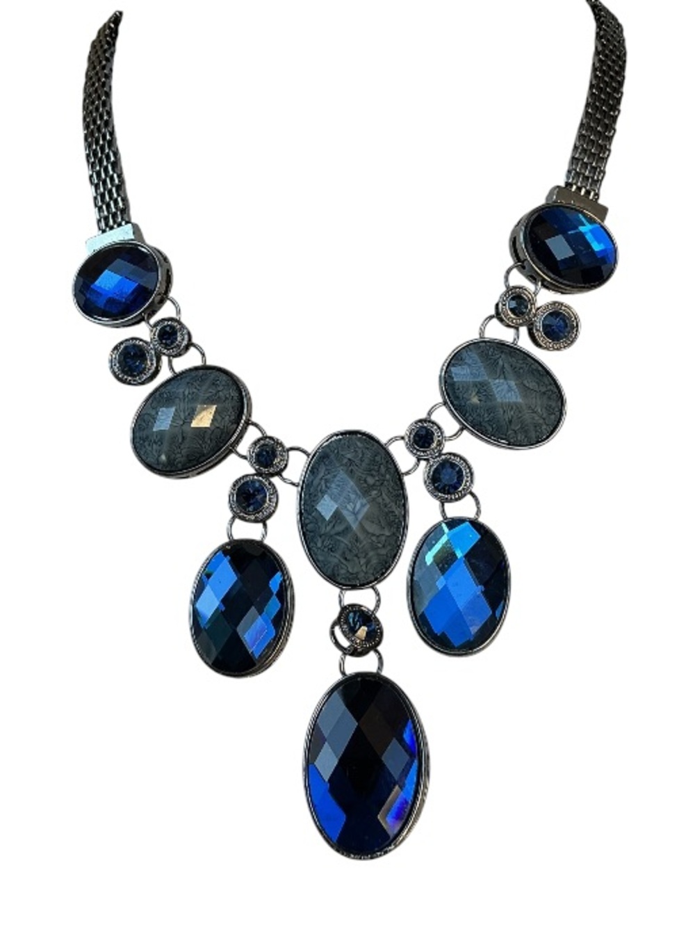 Silver‑Tone Statement Necklace with Blue and Gray Stones